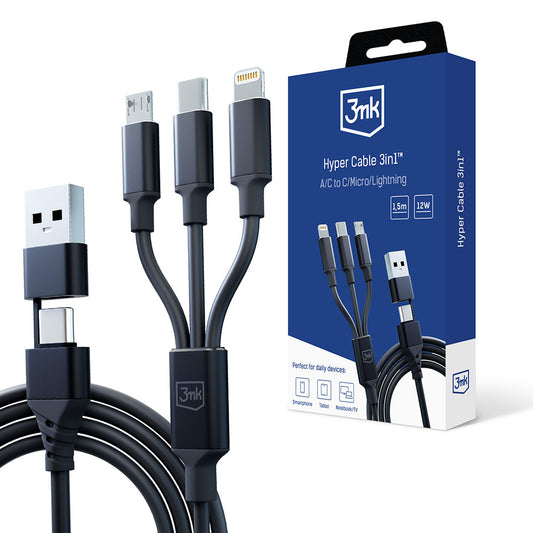 Ladekabel USB-A / USB-C - Lightning / microUSB / USB-C 3MK Hyper 3in1, 12W, 1,5m, Schwarz 