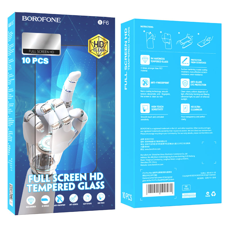 Displayschutzfolie Borofone BF6 Diamond Armor für Apple iPhone 16 Pro Max, Glasschutz, Vollverklebung, 10er Set, Schwarz 